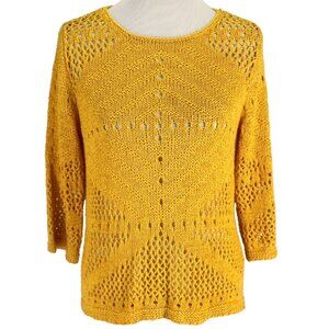Soft Surroundings Sweater Womens Size XS Mustard Yellow Open Knit 3/4 Sleeve